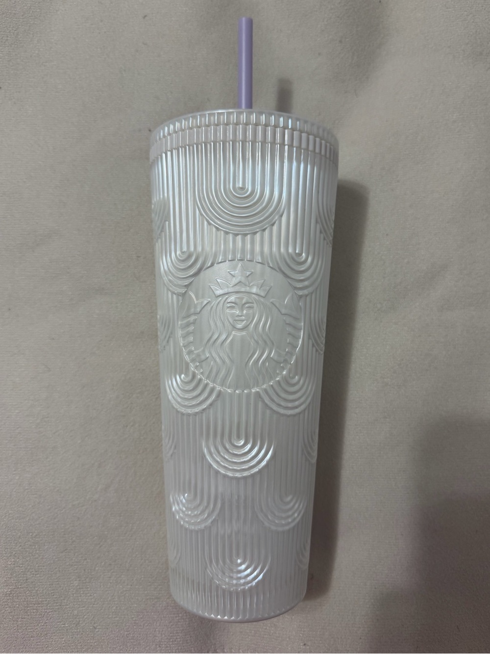 NEW Starbucks Iridescent White Ribbed Cold Cup with Lavender Straw Plastic